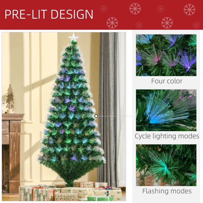 6FT Multicoloured Pre-Lit Artificial Christmas Tree with Fibre Optic Lights, Metal Stand & Star Holder - Festive Home Decoration