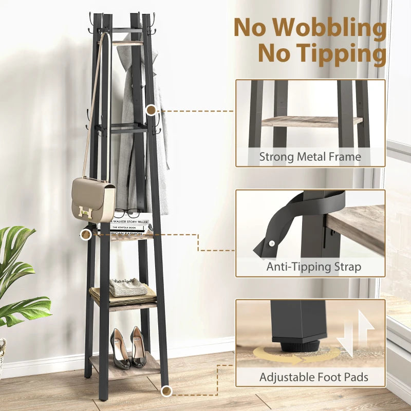 Industrial-Style Four Shelf Coat Stand - Modern Grey and Black Entryway Organizer for Coats, Hats, and Accessories