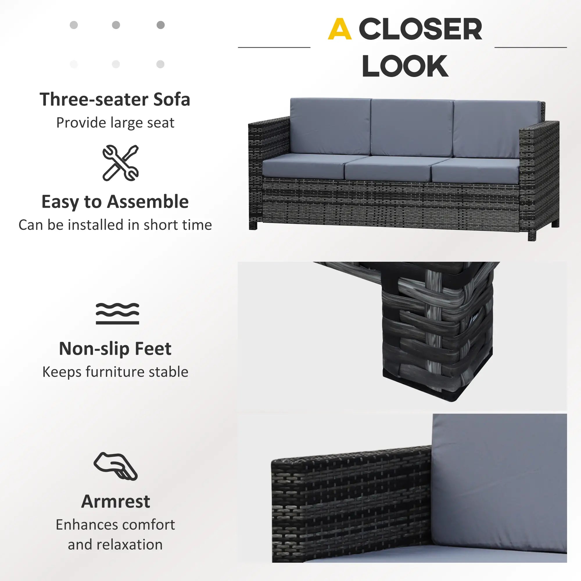 Grey 3-Seater Weather Resistant Rattan Sofa