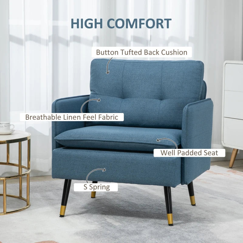 Modern Button Tufted Armchair with Cushions and Steel Legs - Dark Blue Accent Chair for Living Room or Guest Room