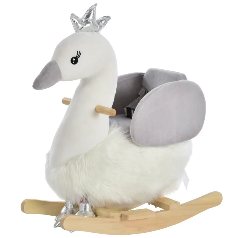 Kids Plush Rocking Horse & Swan Ride-On Toy with Sound, Wooden Base, Safety Belt for Toddlers 18-36 Months - White & Grey