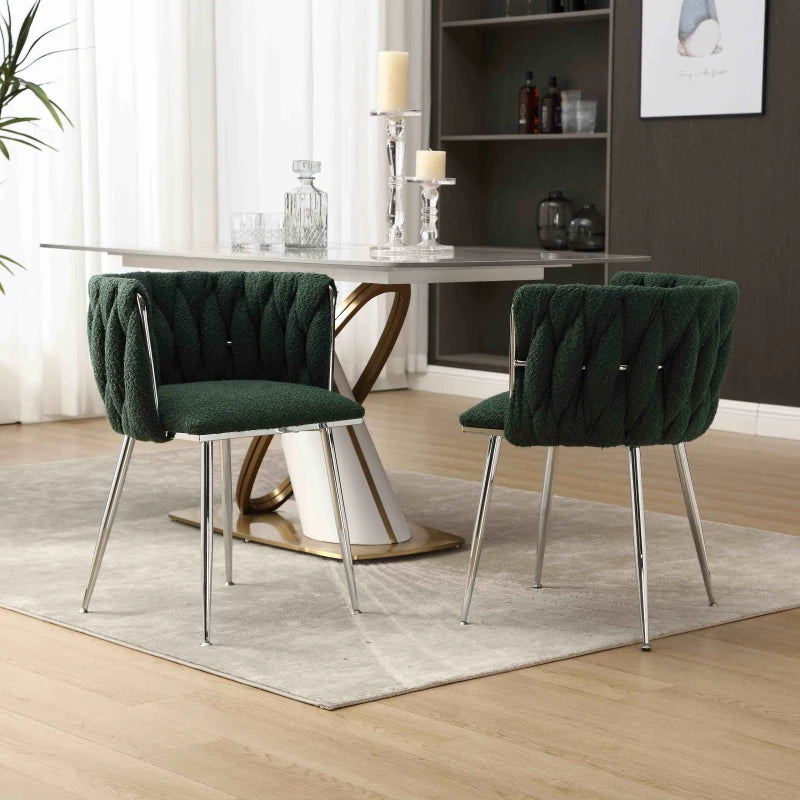 Set of 2 Modern Emerald Dining Chairs with Silver Legs, Hand-woven Backrest, Upholstered Boucle Armrests, 54x52x73 cm