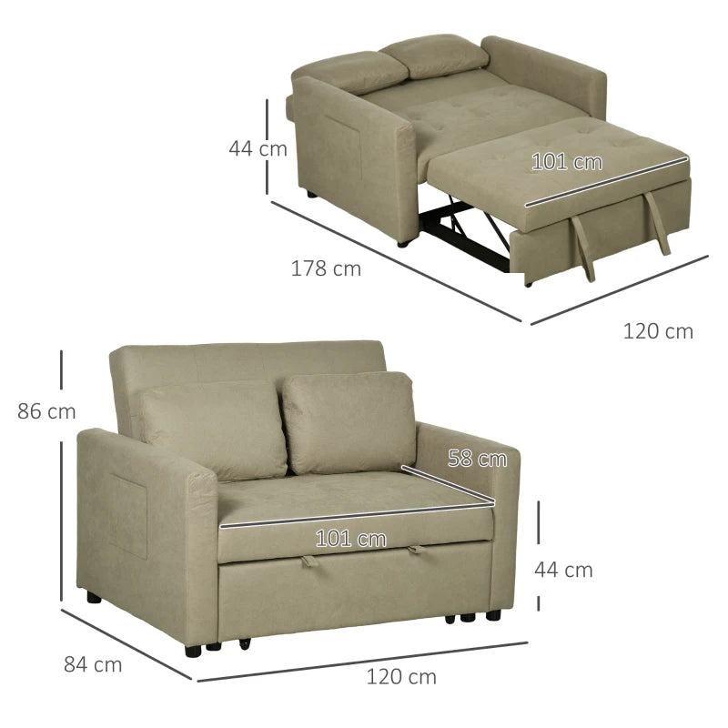 Light Brown Loveseat Sofa Bed with Cushions and Side Pockets for Living Room