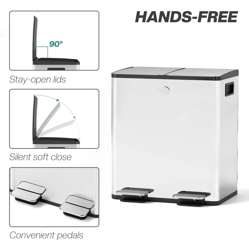 40L Dual Compartment Stainless Steel Trash Bin with Deodoriser Holders - Sleek Silver Tone for Kitchen & Office