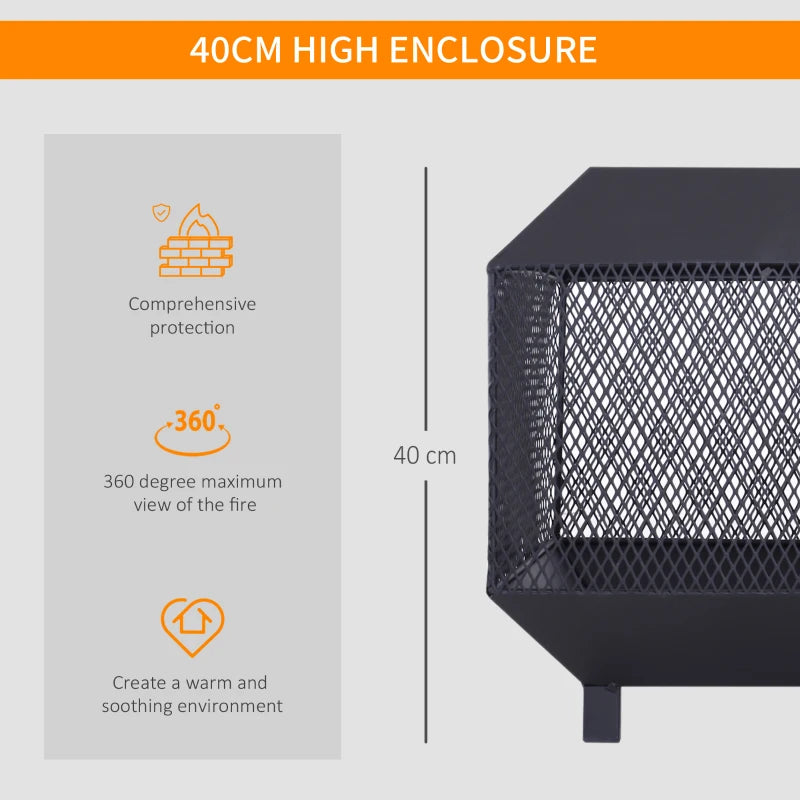 Metal Square Fire Pit with Lid & Poker - Outdoor Mesh Brazier for Backyard, Camping & Bonfire - 44x44x40cm, Black