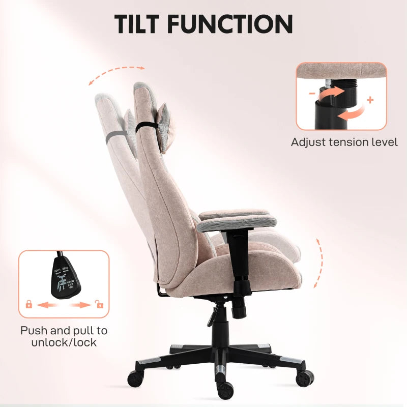 Ergonomic Pale Pink Fabric Gaming Chair with Lumbar Support & Headrest - Perfect for Comfort & Style in Gaming