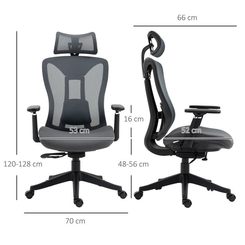 Vinsetto Ergonomic Mesh Office Chair with Adjustable Headrest, Lumbar Support, 135° Recline & 3D Armrests - Grey