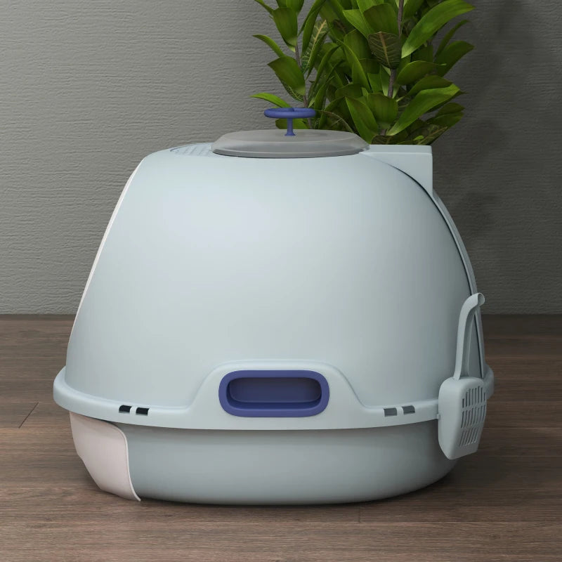 Blue Enclosed Cat Litter Box with Drawer & Scoop - Front Entry, Top Exit, Easy to Clean