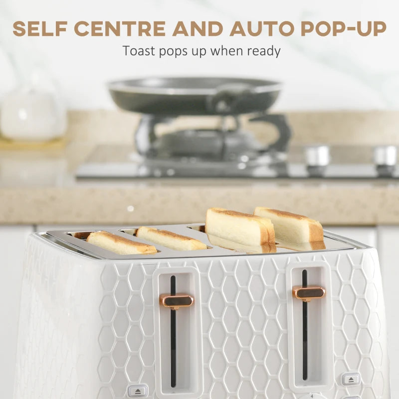 1.7L 3000W Fast Boil Kettle & 4 Slice Toaster Set - White, 7 Browning Controls, Crumb Tray, Kitchen Essentials