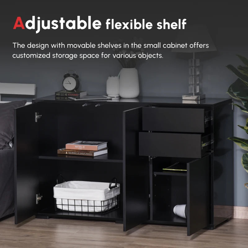 High Gloss Black Side Cabinet with Push-Open Design, 2 Drawers & 2 Cabinets for Living Room - 74H x 117W x 36Dcm