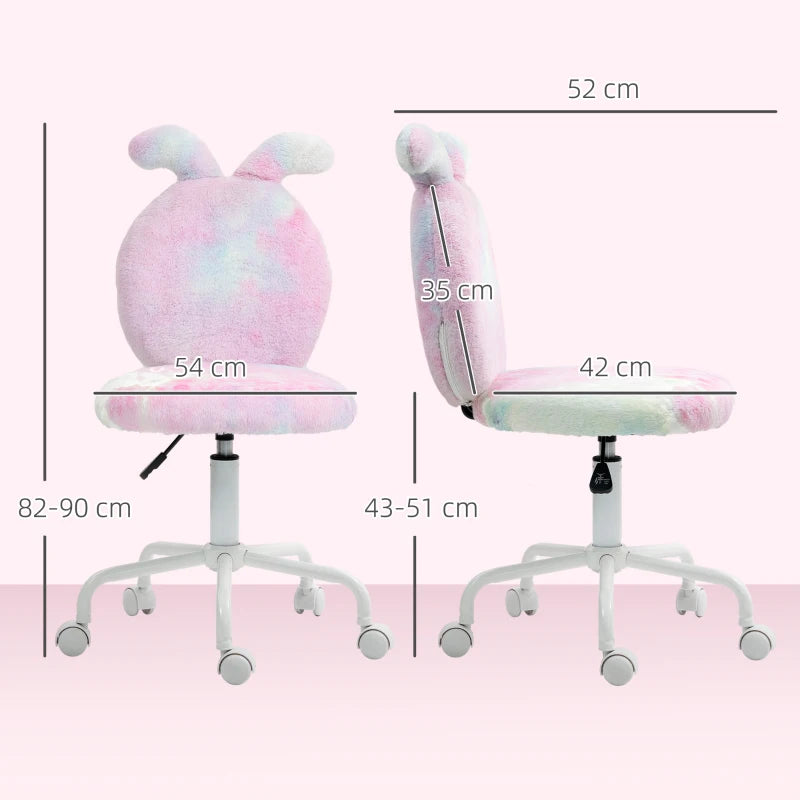 Fuzzy Bunny Ears Office Chair - Faux Fur Swivel Desk Chair, Armless Makeup Vanity Chair, Adjustable Height for Bedroom & Study