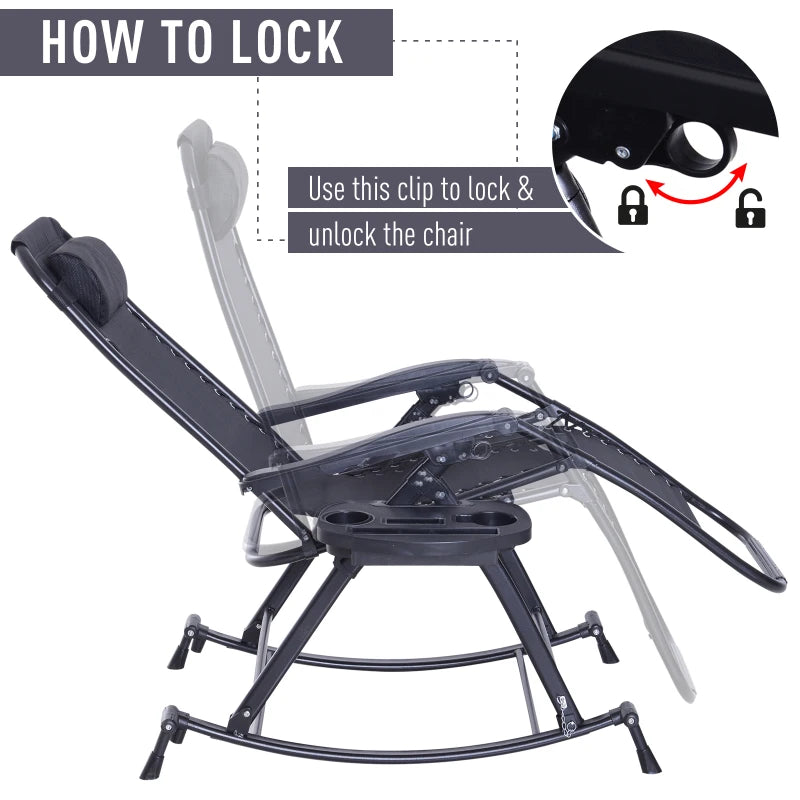 Black Foldable Outdoor Rocking Chair with Sun Lounger and Cup Holder