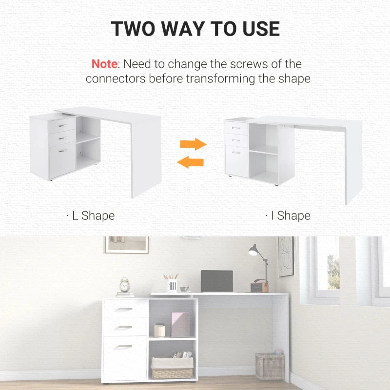 L Shaped Computer Desk with Drawers & File Cabinet - Reversible Home Office Study Table, 117x83.5x76cm, White