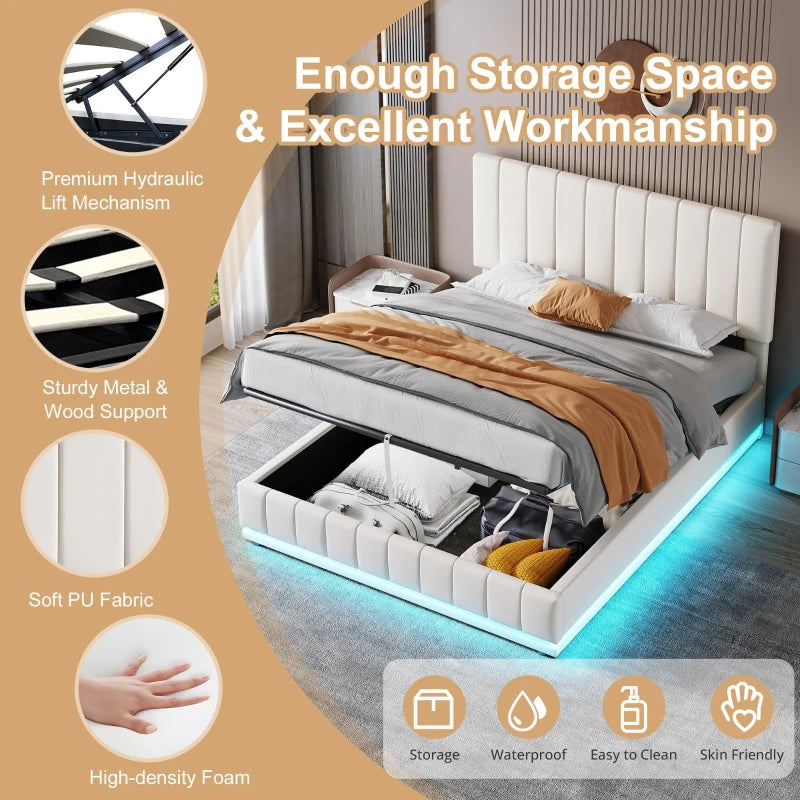 5ft Upholstered King Bed with Hydraulic Storage & RGB LED Lighting - Adjustable Headboard, Cream White, 203L x 157W x 111H cm