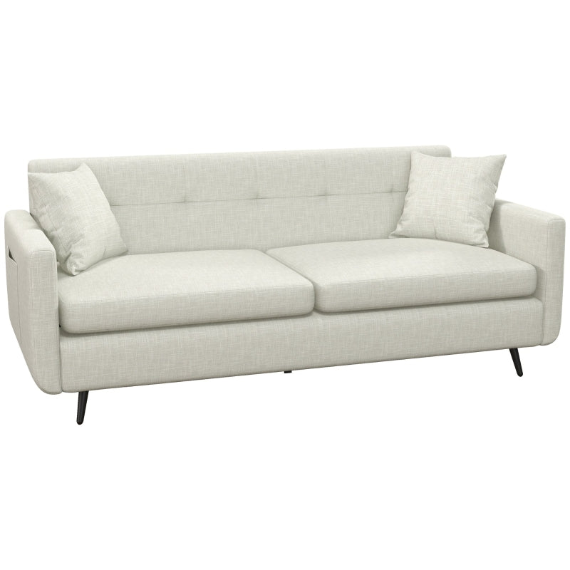 Modern 165cm 3-Seater Sofa for Living Room, Tufted Fabric Couch with Steel Legs and Storage Pockets, Beige