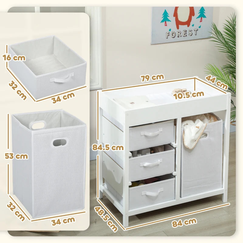 Baby Changing Unit with 4 Storage Drawers and Mat for Nursery Bedroom White 84 x 84.5 cm