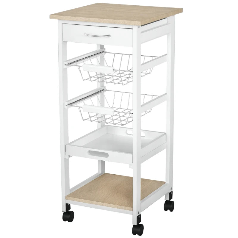 Compact Mobile Rolling Kitchen Island Trolley with Metal Baskets & Shelves - Stylish White Storage Solution on Wheels
