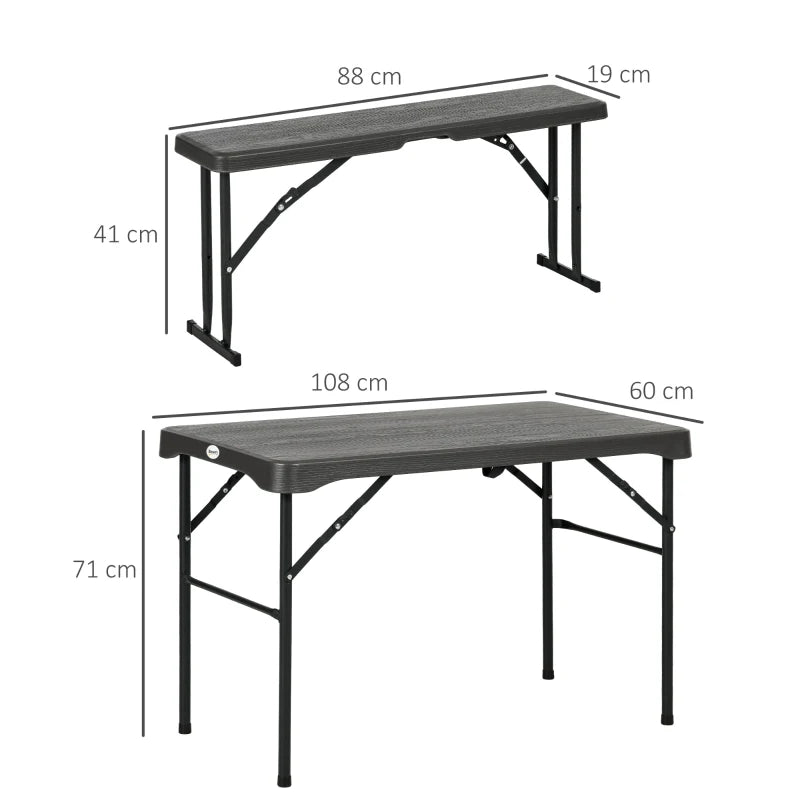 Folding Picnic Table Set for 4 - 3-Piece Portable Garden Furniture with 2 Benches, Dark Grey Plastic Top and Steel Frame