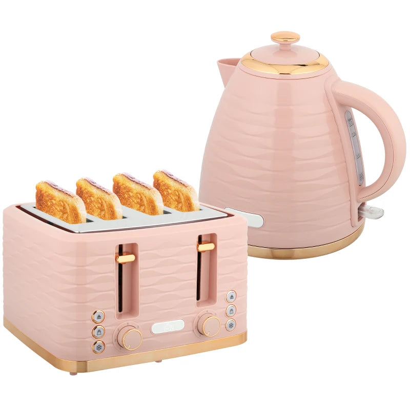 Light Pink 3000W Kettle & 4 Slice Toaster Set - 1.7L Capacity, 7 Browning Controls, Easy Clean Crumb Tray