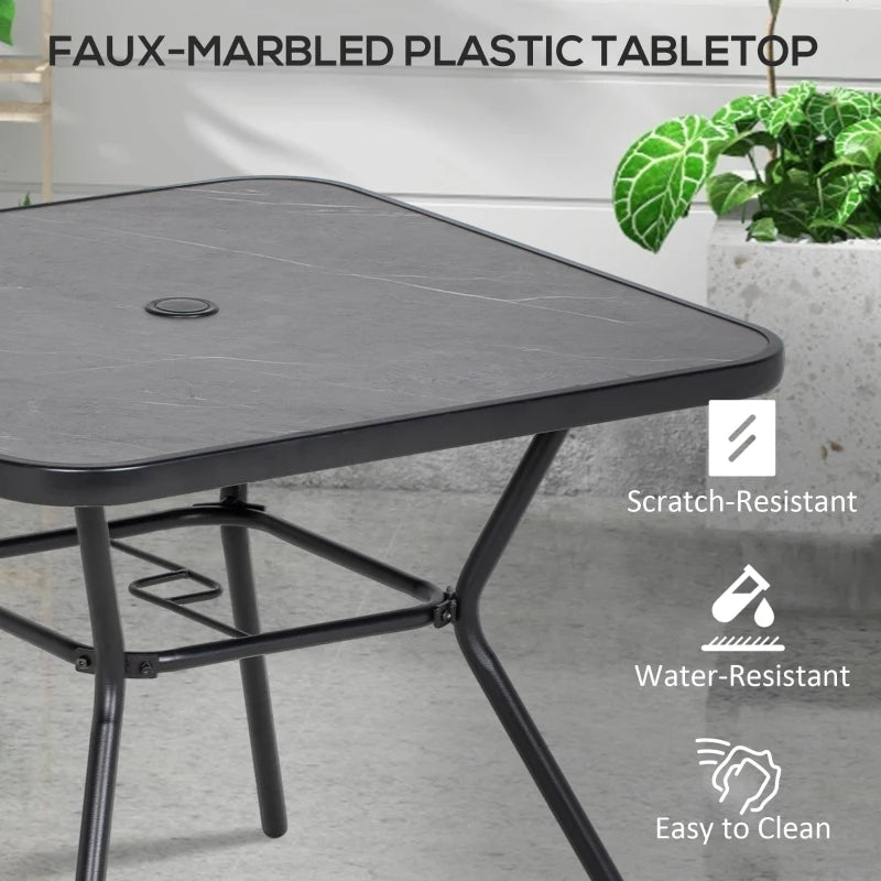 Square Outdoor Bistro Table with Faux-Marbled Top and Umbrella Hole - Garden Coffee Table