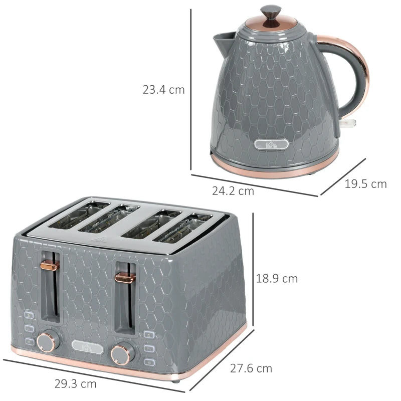 1.7L 3000W Fast Boil Kettle & 4 Slice Toaster Set - Grey, 7 Browning Controls, Crumb Tray, Kitchen Essentials