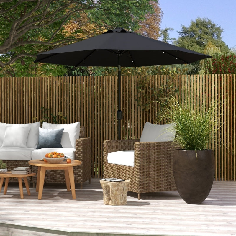 Black 2.7m Patio Umbrella with Tilt Crank and LED Lights