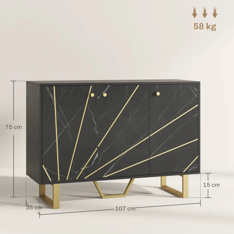Modern Sideboard Storage Cabinet with Adjustable Shelves & Metal Legs - Black Marble Tone for Living Room, Kitchen, Dining Room, Entryway