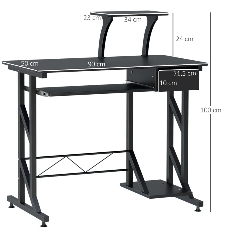 Modern Black Computer Desk with Display Stand, Sliding Keyboard Tray, and Host Box Shelf for Home Office Workstation