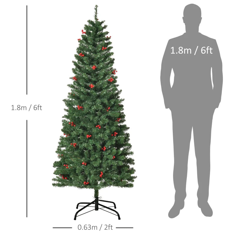 6FT Prelit Artificial Pencil Christmas Tree with Warm White LED Lights & Red Berries - Festive Holiday Home Decoration