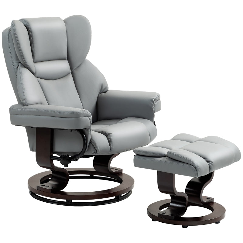 Faux Leather Recliner Chair with Footstool - Swivel Upholstered Armchair with Adjustable Backrest and Solid Wood Base in Light Grey