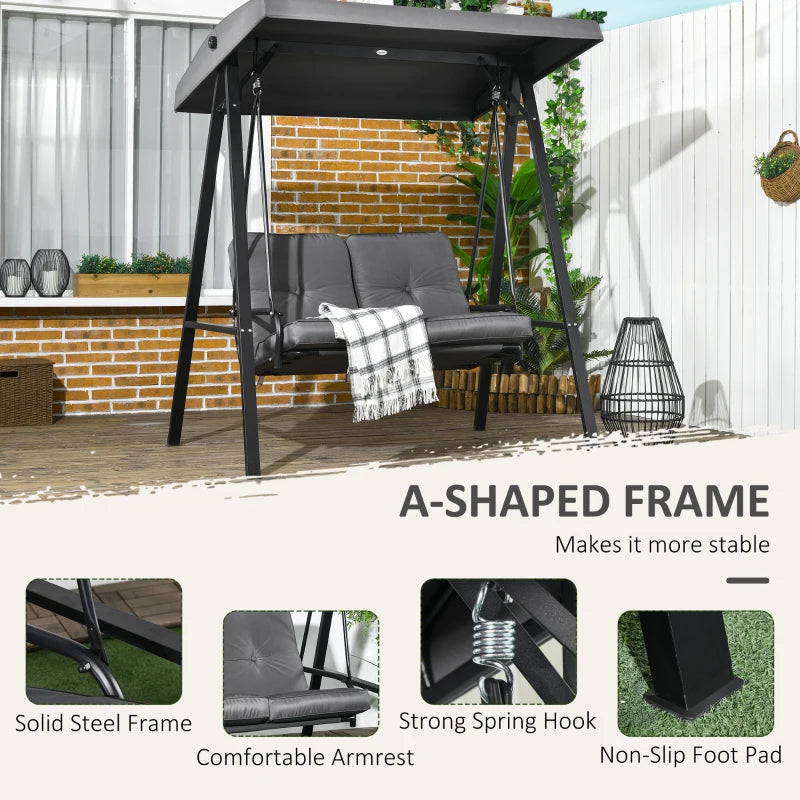 Two-Seater Garden Swing Bench with Adjustable Canopy - Dark Grey - Outdoor Patio Furniture