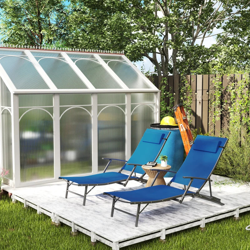 Set of 2 Blue Folding Sun Loungers - Adjustable 4 Position Outdoor Chaise Lounge Chairs with Armrests and Pillows, Steel Frame Sunbed Recliners for Garden, Patio, Beach and Poolside