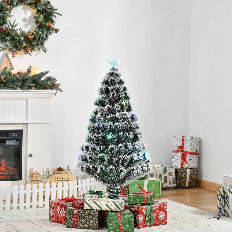 4ft Prelit Artificial Christmas Tree - Snowy Green & White Xmas Tree with Colorful LED Fiber Optic Lights