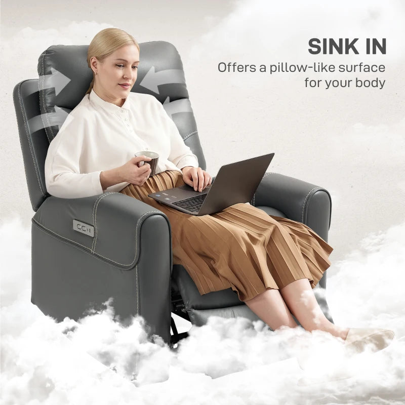 Power Lift Recliner Chair for Elderly - Overstuffed Faux Leather Armchair with USB Ports and Remote Control in Charcoal Grey