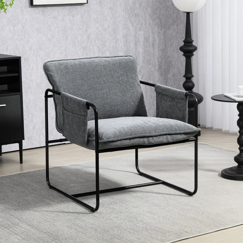 Minimalist Grey Padded Accent Chair with Convenient Pockets for Stylish Living Spaces