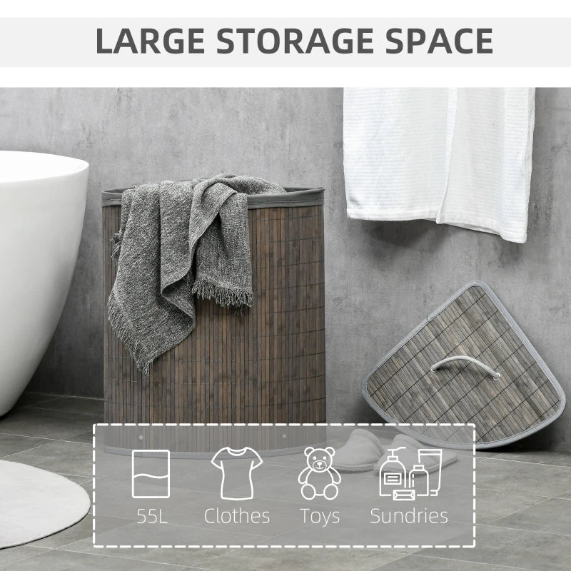 Stylish Grey Bamboo Laundry Basket with Lid - 55L Hamper, Removable Washable Lining, Perfect Corner Storage, 38x38x57cm