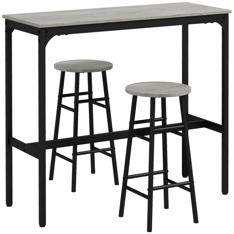 Industrial 3 Piece Bar Table Set with 2 Stools - Grey Dining Table and Chair Set for Home or Kitchen