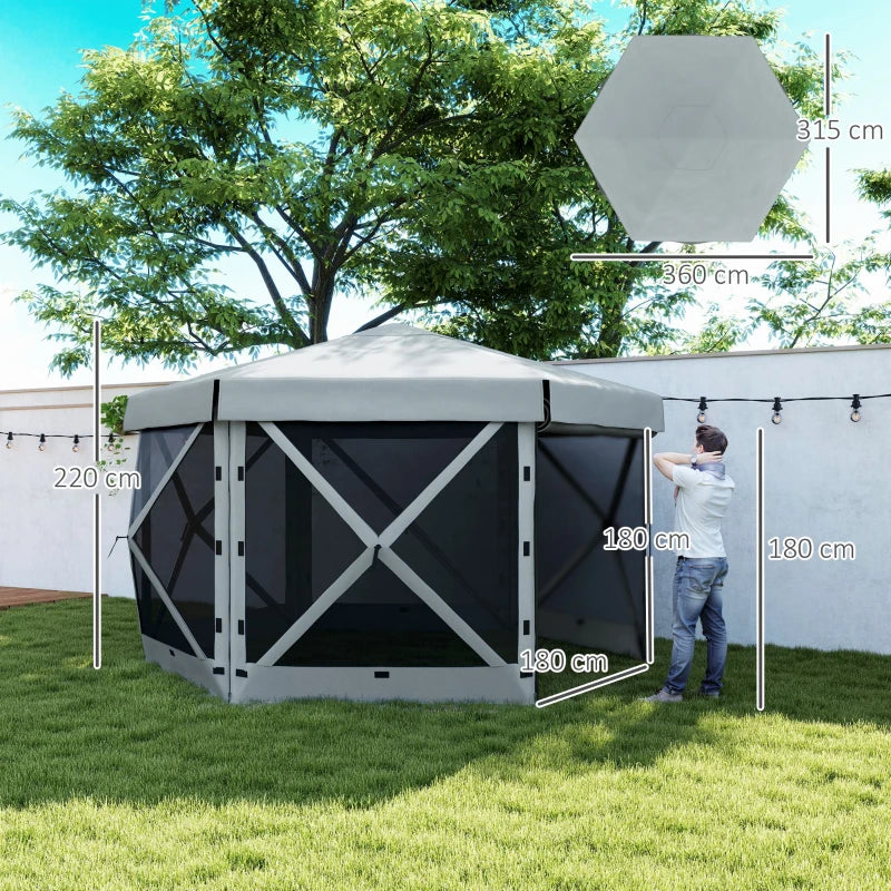 3x3m Hexagon Pop Up Gazebo - Waterproof, UV Resistant Party Tent with Netting - Light Grey Instant Event Shelter with Carry Bag