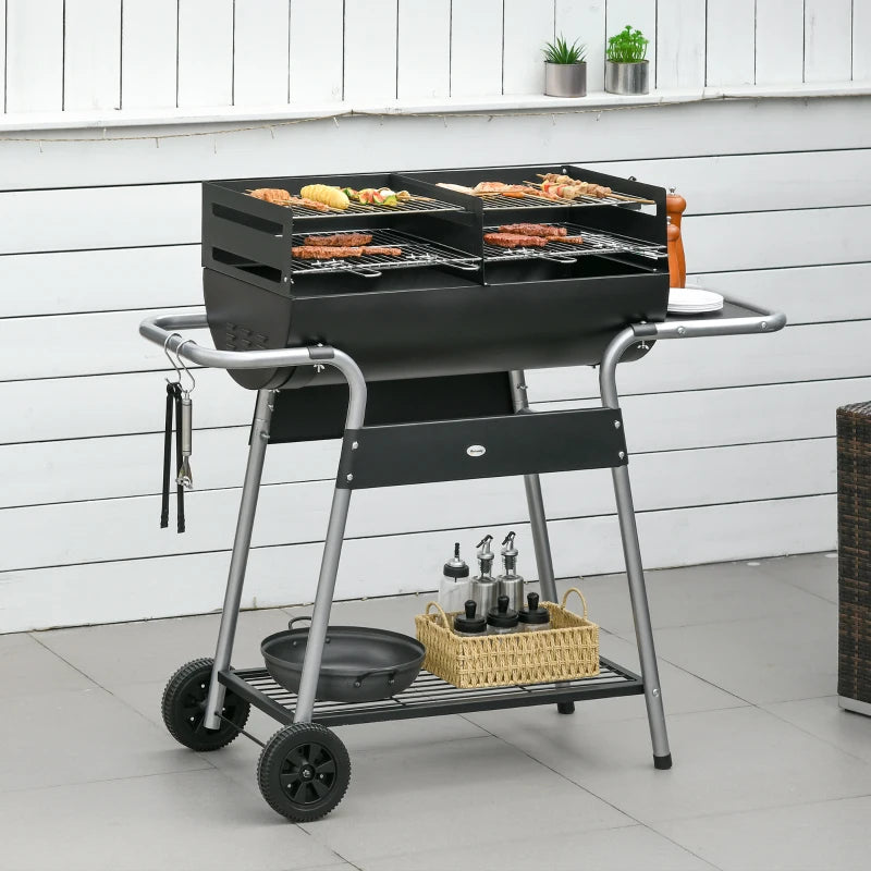 Charcoal BBQ Grill with Double Grill, Side Table, Storage Shelf, Wheels - Black