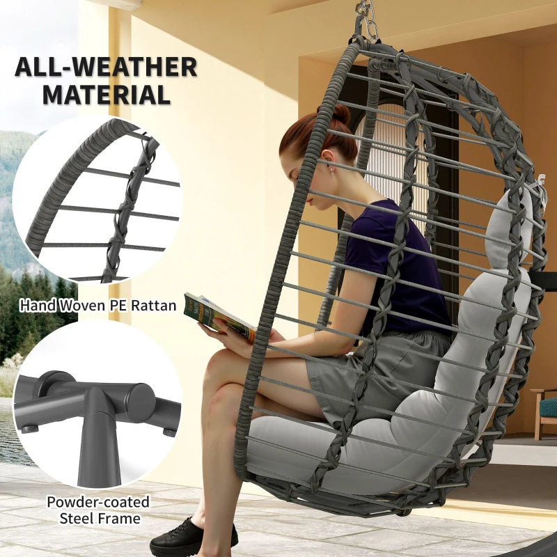Light Grey Rattan Hanging Egg Chair with Cushion, Adjustable Height, Steel Frame for Indoor Outdoor