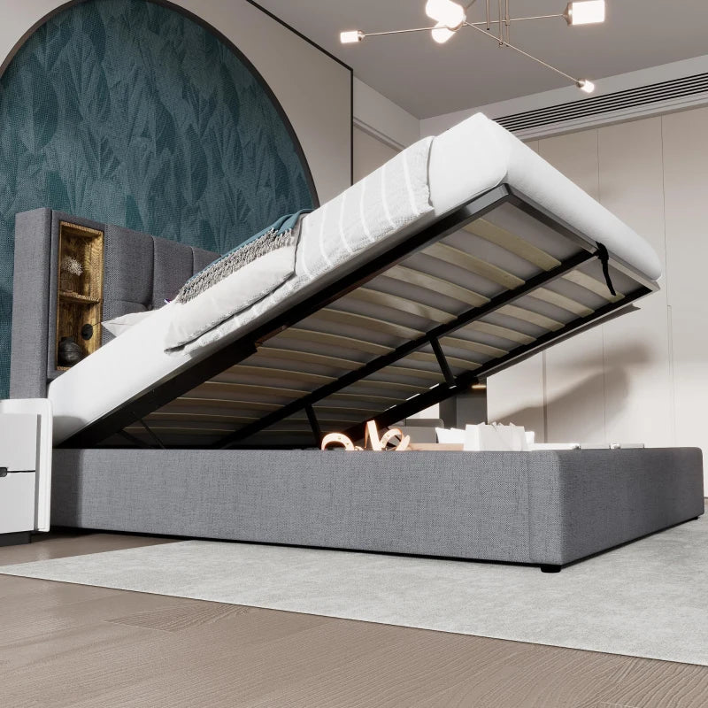 Grey Double Bed with Storage, Wireless Charging Headboard & Fast Charging Ports - Pine Wood Frame for Modern Bedrooms