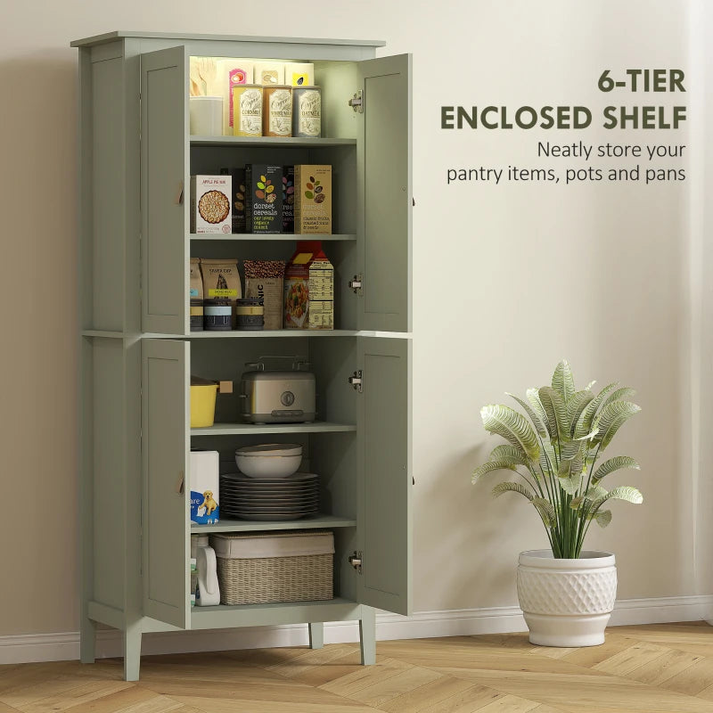 Tall Green Pantry Cupboard with Motion Sensor LED Light for Kitchen Storage