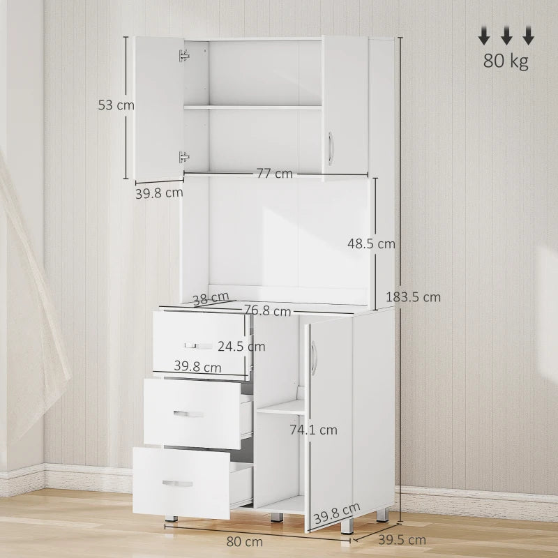 Free Standing Kitchen Cupboard - White Storage Cabinet with Doors, Shelves, 3 Drawers & Adjustable Height - Versatile Kitchen Organizer