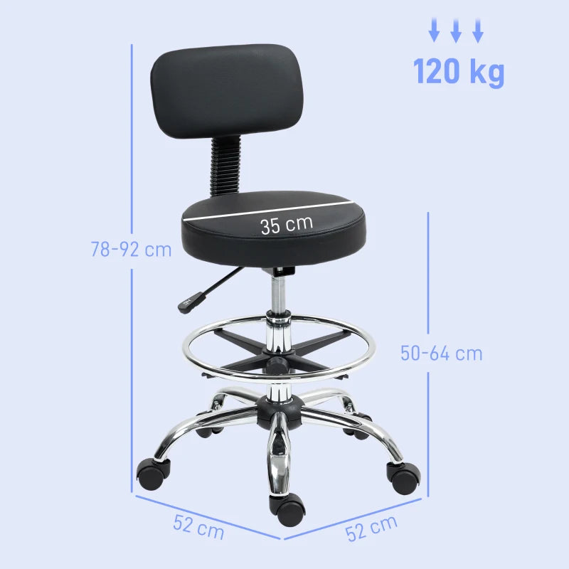 Ergonomic Drafting Chair with Backrest & Adjustable Footrest - Leather Padded Rolling Office Stool for Home & Office, Black