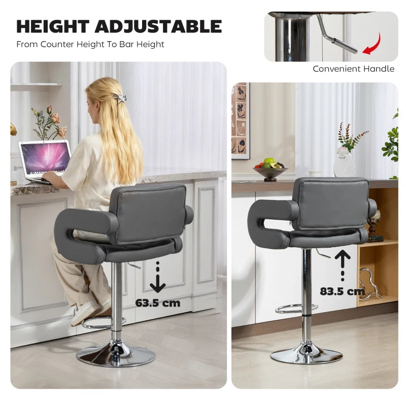 Adjustable Grey PU Leather Swivel Bar Stool with Back, Armrest & Footrest - Modern Height-Adjustable Design for Home & Bar