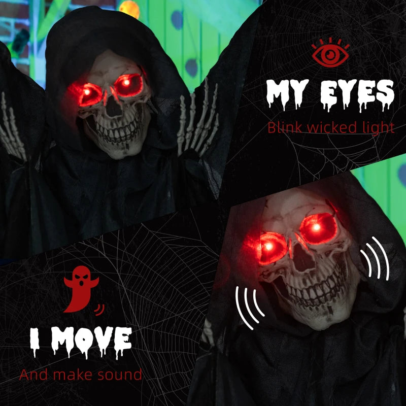 6.3" Grim Reaper Halloween Animatronic with Glowing Eyes - Spooky Decor for Haunted House & Halloween Parties