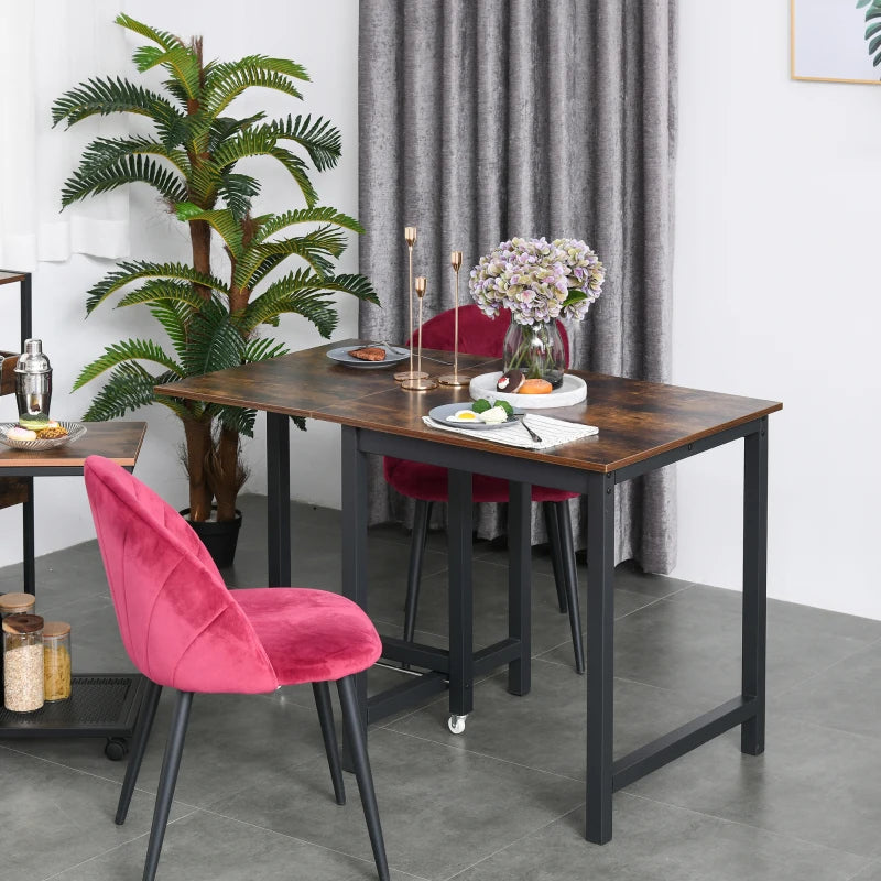 Industrial Folding Dining Table with Wheels - Rustic Brown Drop Leaf Table for Kitchen & Dining Room, Space Saving Design