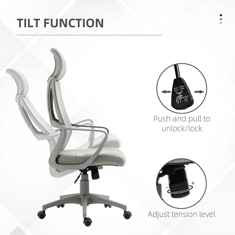 Vinsetto Ergonomic High Back Office Chair - Mesh Desk Chair with Lumbar Support, Adjustable Headrest & Height, Grey