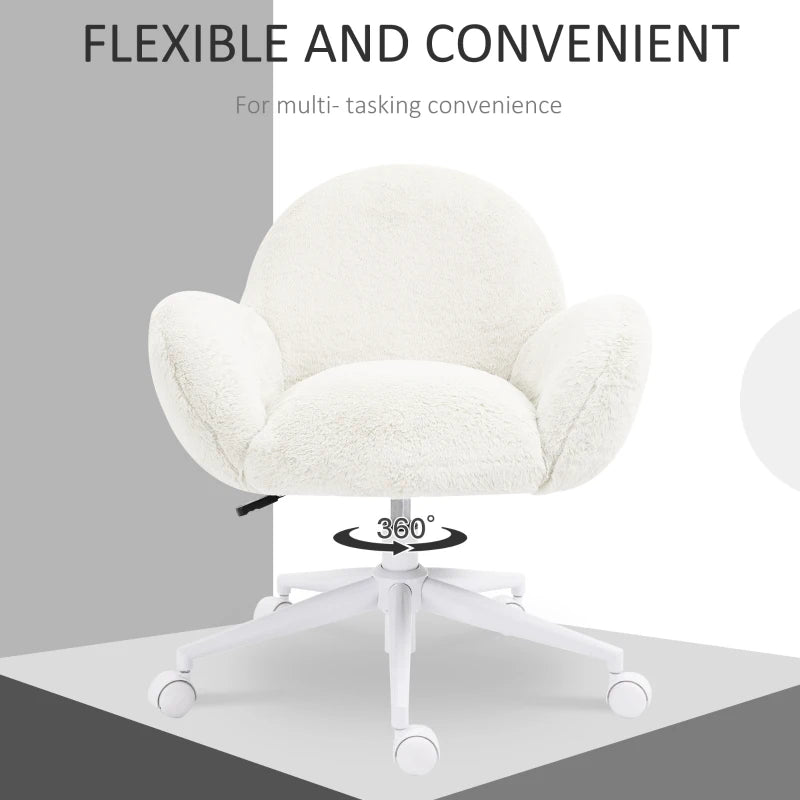Cute Fluffy Makeup Vanity Chair with Rolling Wheels - Cream White Desk Chair for Bedroom & Living Room Decor
