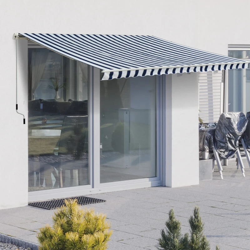Blue & White Striped Manual Retractable Awning - 3m x 2.5m